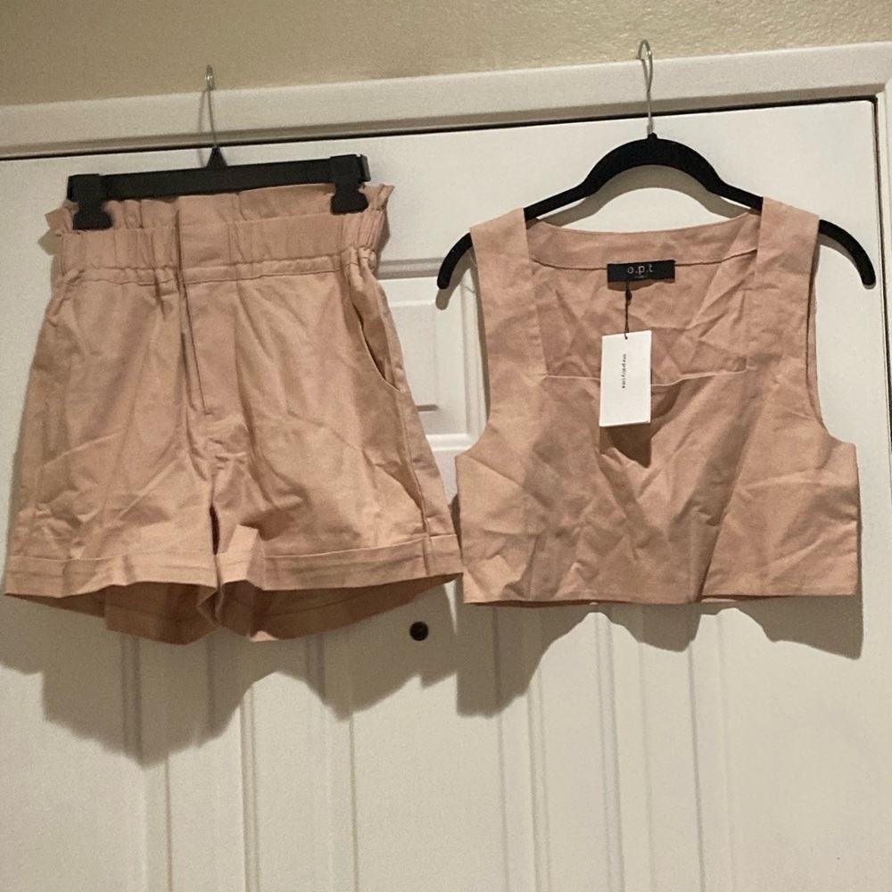 O.P.T Tan linen blend Two-Piece Set